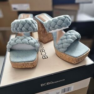 BCBGeneration Women's Braided Block Heel Sandals Denim Textile Upper Light Blue